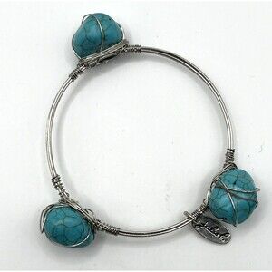 Jules C Turquoise Look Wire Wrapped Bangle Bracelet Boho Artisan Silver Tone